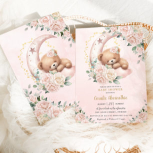 Invitación Cute Bear Rubor Ivory Floral Chica Baby Shower