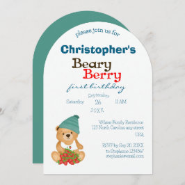 Invitación Cute Bear Strawberries Beary Berry Primer cumpleañ