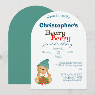 Invitación Cute Bear Strawberries Beary Berry Primer cumpleañ