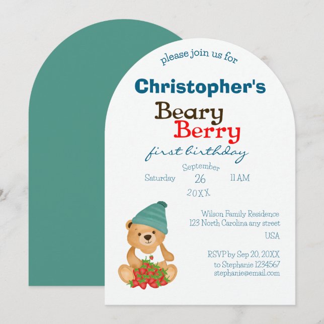 Invitación Cute Bear Strawberries Beary Berry Primer cumpleañ (Anverso / Reverso)