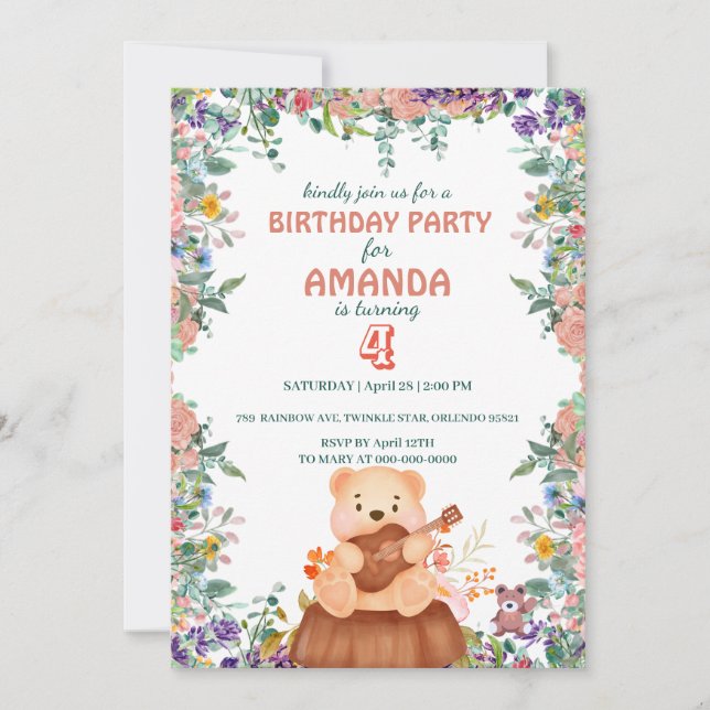 Invitación Cute Bear toca guitarra flora Birday Party kids (Anverso)