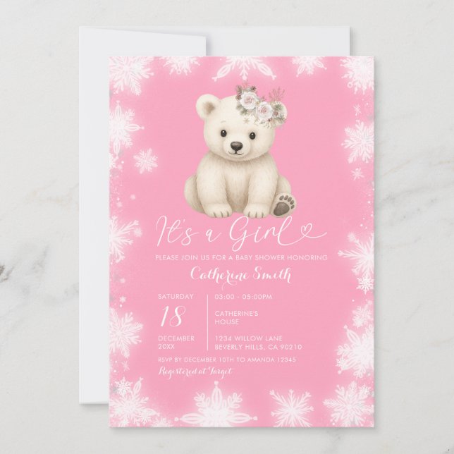 Invitación Cute Bear Winter White Snowflakes Girl Baby Shower (Anverso)