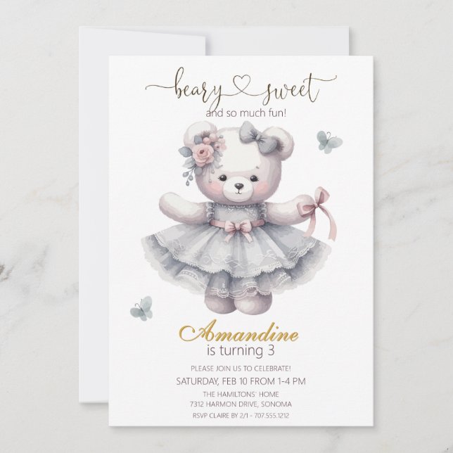 Invitación Cute bearly sweet  girl birthday  Invitation (Anverso)