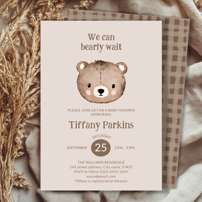 Invitación Cute Bearly wait baby ducha minimalista Neutral (Minimalistic Bear Baby Shower Invitation | Neutral Boho Baby Shower Template)