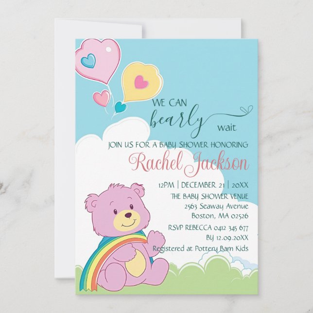 Invitación Cute Bearly Wait Baby Shower Cloudy Hearloon (Anverso)