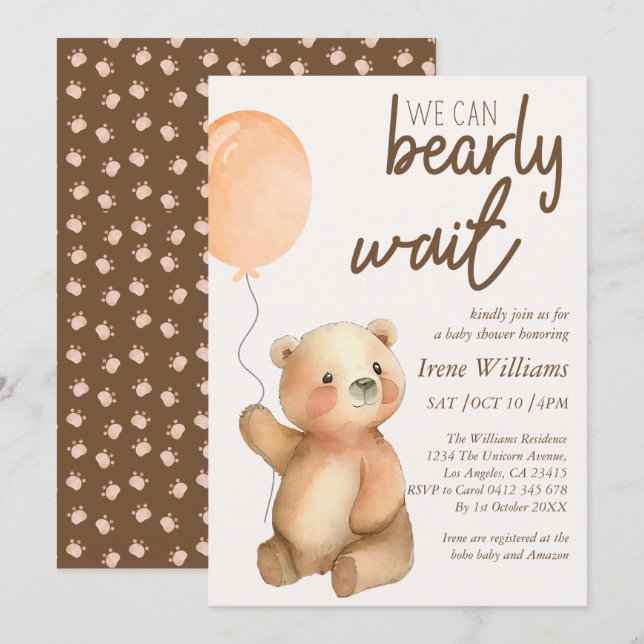 Invitación Cute Bearly Wait Teddy Bear Baby Shower (Anverso / Reverso)