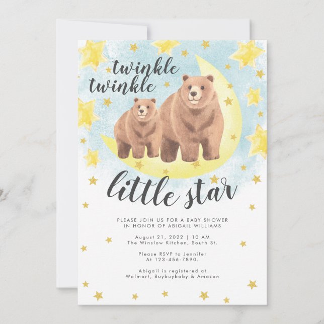 Invitación Cute Bears Gold Twinkle Little Star Baby Shower (Anverso)