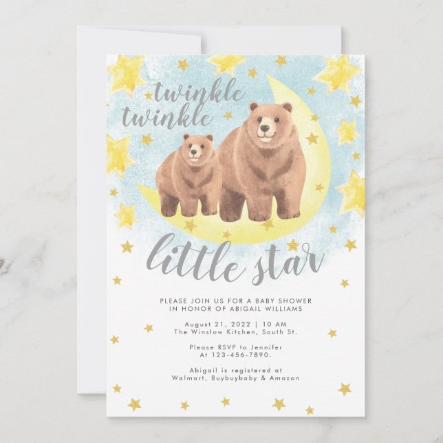 Invitación Cute Bears Gold Twinkle Little Star Baby Shower (Anverso)