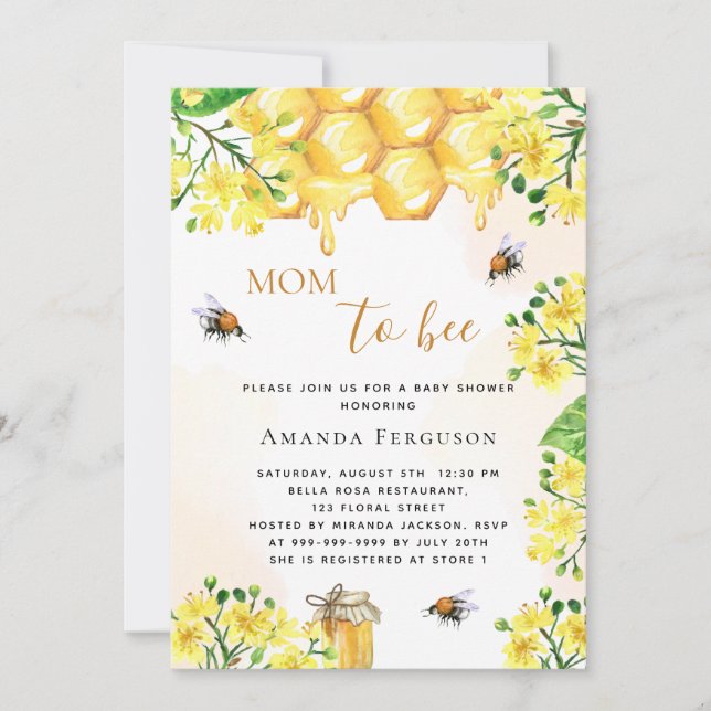 Invitación Cute Bee Bebé ducha flores amarillas mamá a la abe (Anverso)