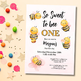 Invitación Cute Bee One Pink Black First Birday Party