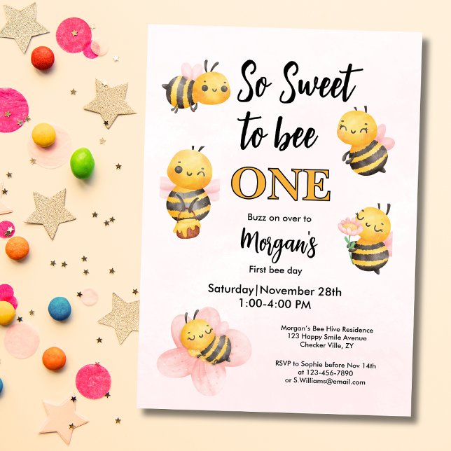 Invitación Cute Bee One Pink Black First Birday Party (Subido por el creador)