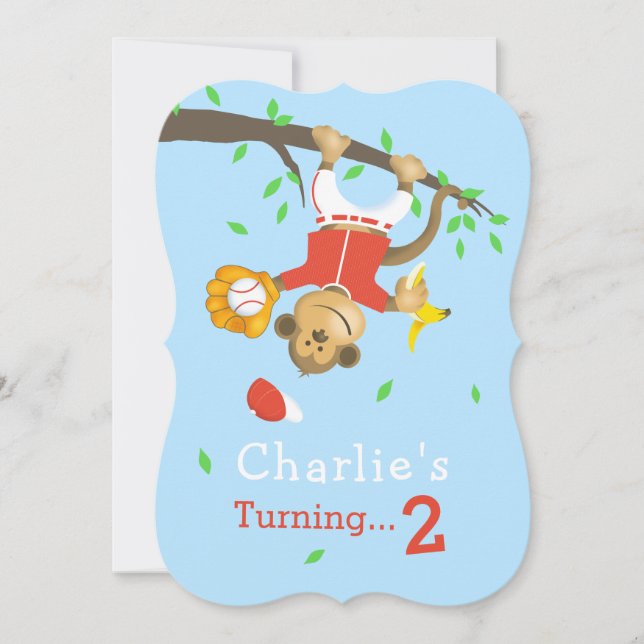 Invitación Cute Béisbol Mono Bolos Fiesta de Cumpleaños (Anverso)