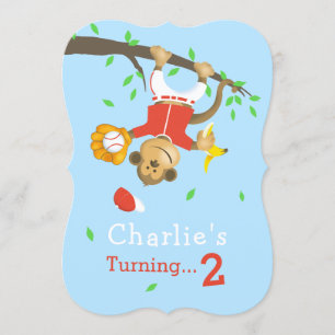 Invitación Cute Béisbol Mono Bolos Fiesta de Cumpleaños