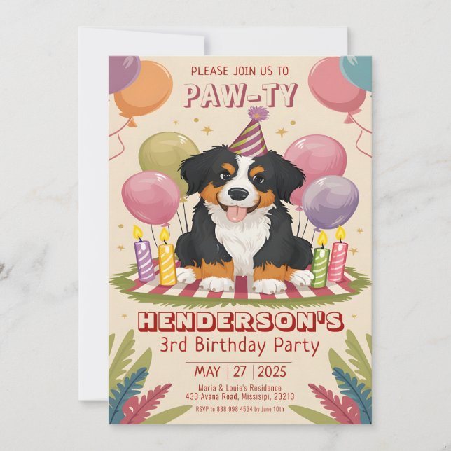 Invitación Cute Berner Fiesta de Cachorro Bernese Perro Cumpl (Anverso)