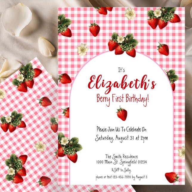 Invitación Cute Berry First Birday Strawberry Red Gingham (Subido por el creador)