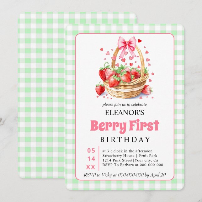Invitación Cute Berry First Birthday strawberries for girls (Anverso / Reverso)
