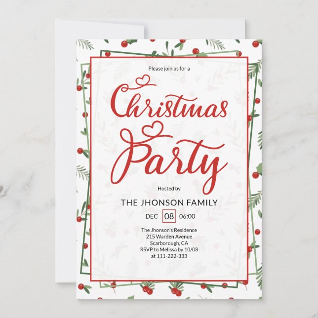 Invitación Cute Berry Pattern Calligraphy Christmas Party  (Anverso)
