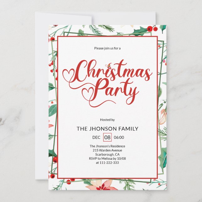 Invitación Cute Berry Pattern Calligraphy Christmas Party (Anverso)