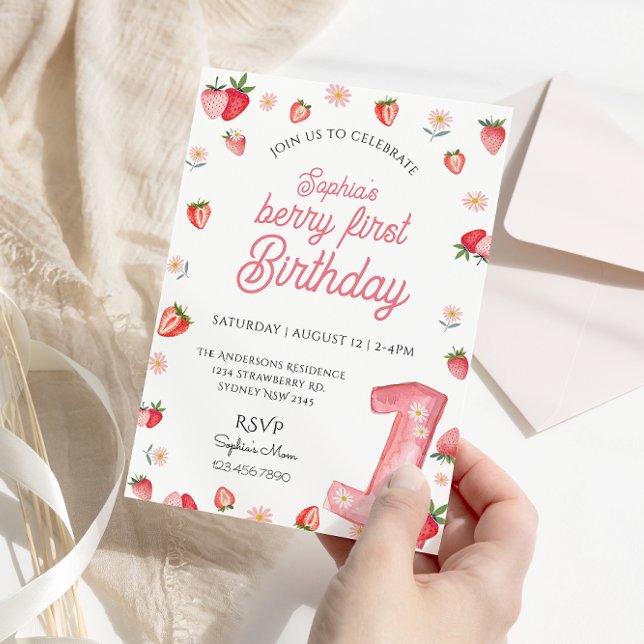 Invitación Cute Berry primer cumpleaños acuarela Fresa (Subido por el creador)