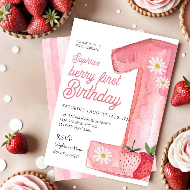 Invitación Cute Berry primer cumpleaños acuarela Fresa (Subido por el creador)