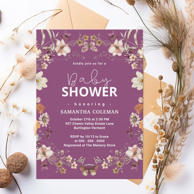 Invitación Cute Berry Purple Wildflower Baby Shower moderno (Subido por el creador)