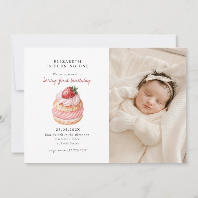 Invitación Cute Berry Sweet Pink First Birday Photo (Anverso)