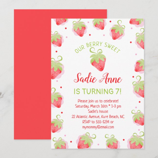 Invitación Cute Berry Sweet Red Strawberries Cumpleaños (Anverso / Reverso)