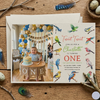 Invitación Cute Bird 1st Birthday Photo | Sweet Baby Bird 