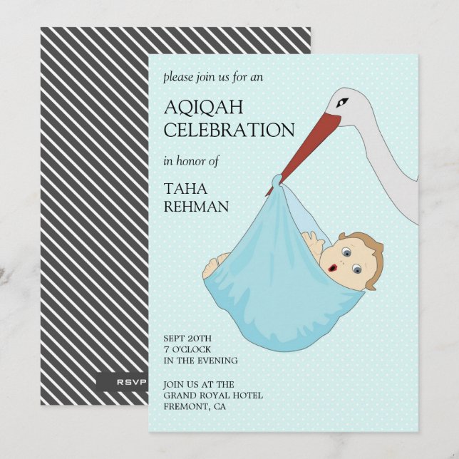 Invitación Cute Bird Blue Baby Boy Aqiqah (Anverso / Reverso)