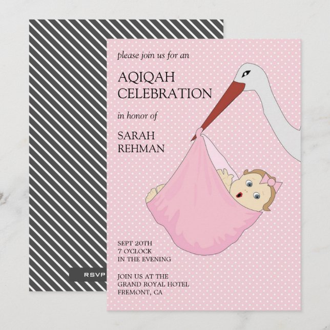 Invitación Cute Bird Rosa Niña Aqiqah (Anverso / Reverso)