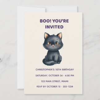 Invitación Cute Black Cat Halloween Birthday Invitation | Kid