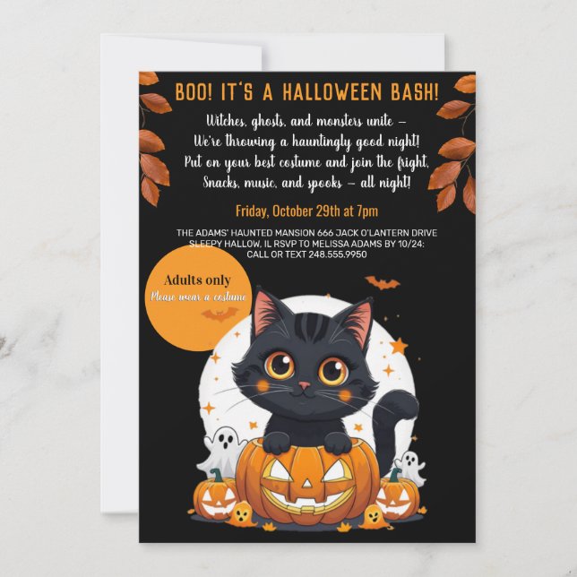 Invitación Cute Black Cat Halloween Party Invitation for Adul (Anverso)