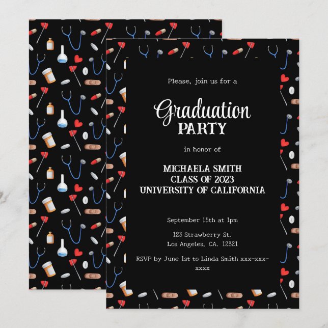Invitación Cute Black Doctor Pattern Graduation Party  (Anverso / Reverso)