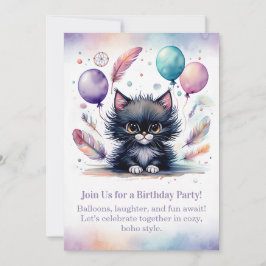 Invitación Cute Black Kitten Birthday Invitation  Boho 