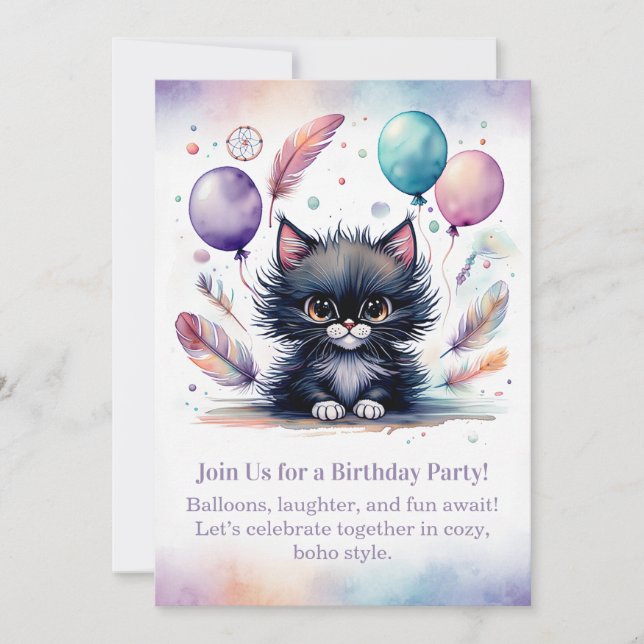 Invitación Cute Black Kitten Birthday Invitation  Boho  (Anverso)