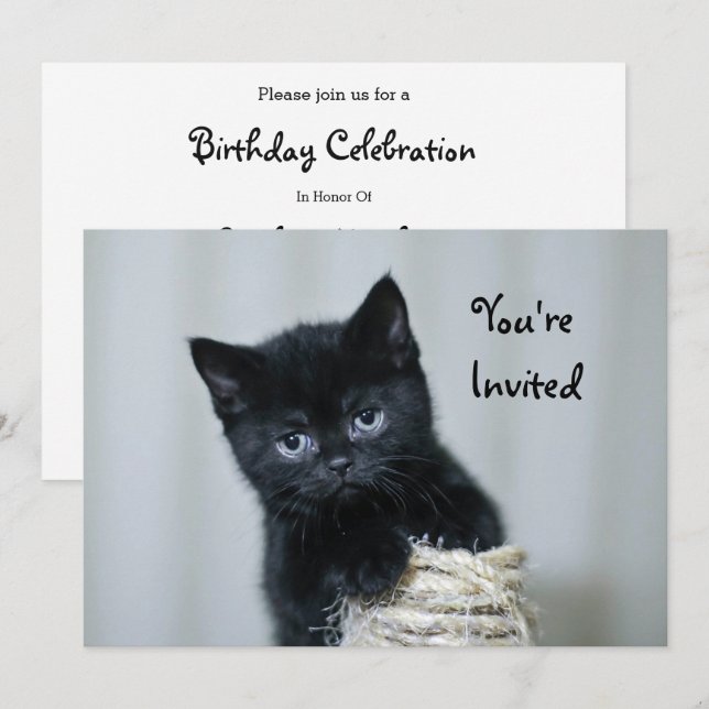 Invitación Cute Black Kitten Twine Photo Birday (Anverso / Reverso)
