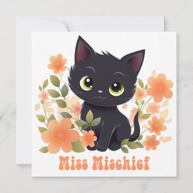 Invitación Cute Black Kitty Kawaii Chibi (Anverso)
