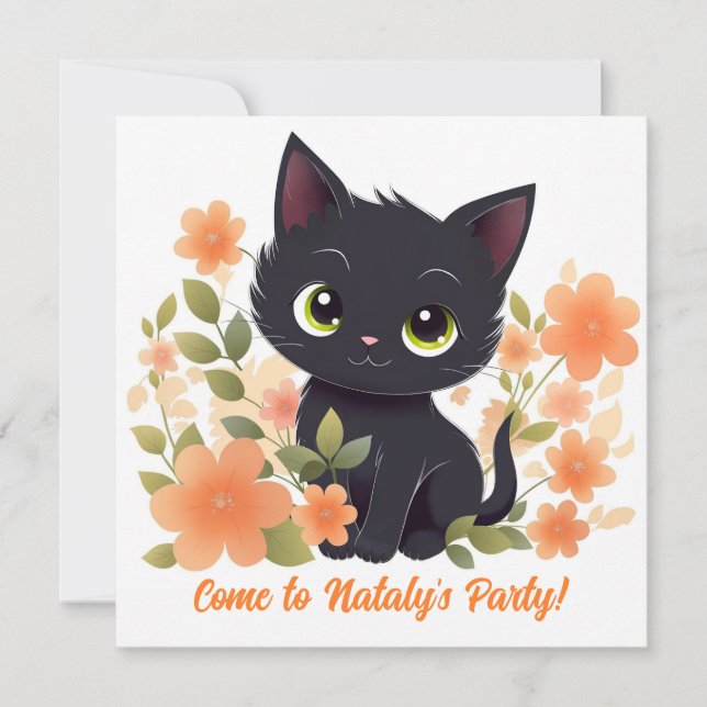 Invitación Cute Black Kitty Kawaii Chibi (Anverso)