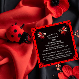 Invitación Cute Black/Red Ladybug Fairy Birday Party