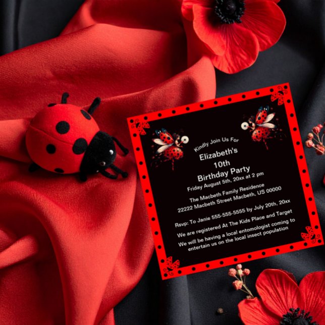 Invitación Cute Black/Red Ladybug Fairy Birday Party (Subido por el creador)