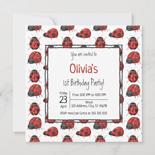 Invitación Cute Black Red Ladybug Pattern Primer Fiesta de cu (Anverso)