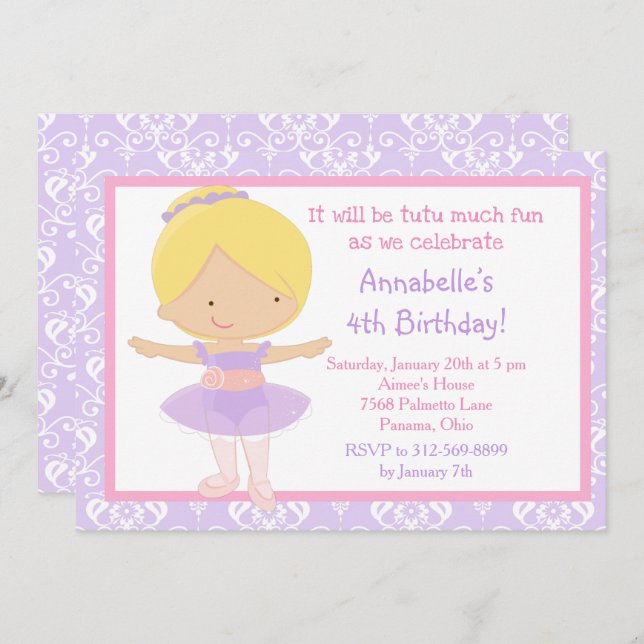 Invitación Cute Blonde Ballerina y Purple Damask (Anverso / Reverso)