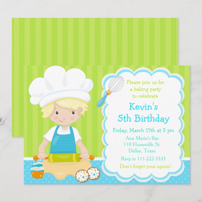 Invitación Cute Blonde Boy Baking Birday Party (Anverso / Reverso)