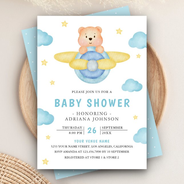 Invitación Cute Blue Airplane Boy Teddy Bear Baby Shower (Subido por el creador)