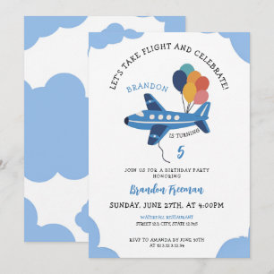 Invitación Cute Blue Airplane Boys 5º cumpleaños