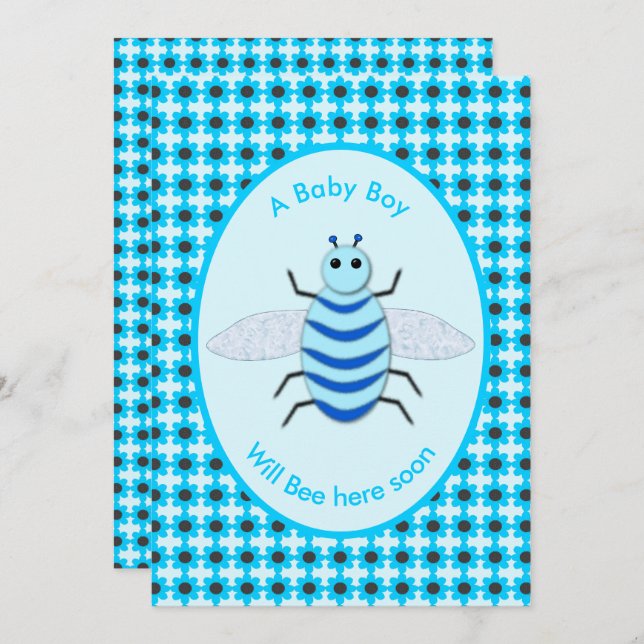 Invitación Cute Blue Baby Boy Bee Personalizado Baby Shower (Anverso / Reverso)