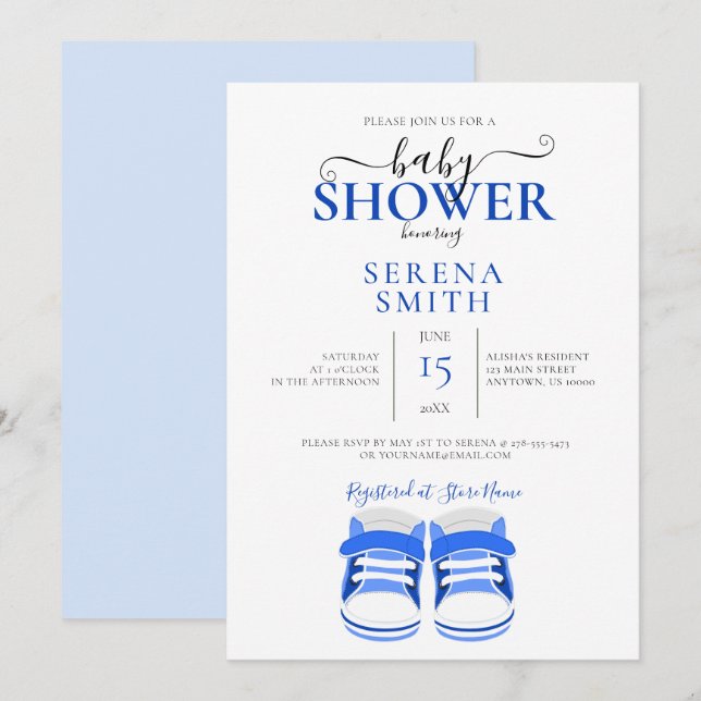 Invitación Cute Blue Baby Shoes BABY SHOWER (Anverso / Reverso)