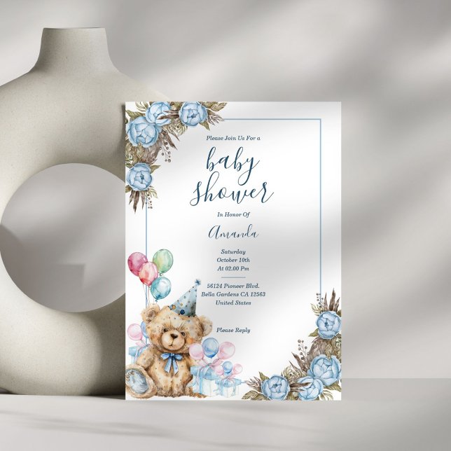 Invitación Cute Blue Bear Floral Baby Shower (Subido por el creador)