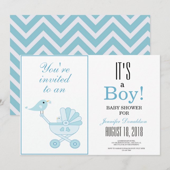 Invitación Cute Blue Bird Carrito Chevron Baby Shower (Anverso / Reverso)