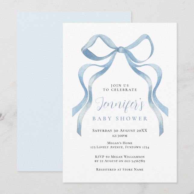 Invitación Cute Blue Bow Baby Shower invitation (Anverso / Reverso)